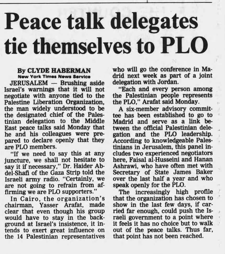 Peace talk delegates tie themselves to PLO &mdash; Daytona Beach news journal, 22 October 1991