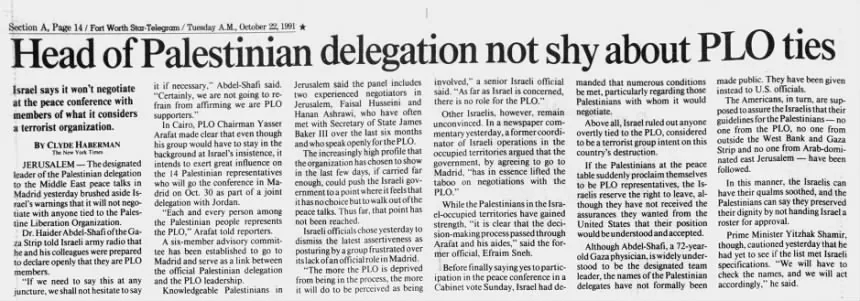 Head of Palestinian delegation not shy about PLO ties &mdash; Fort Worth Star Telegram, 22 October 1991