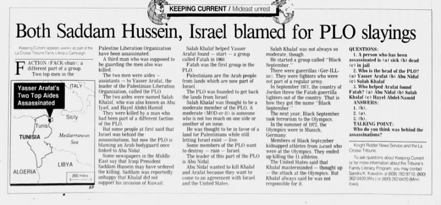 Both Saddam Hussein, Israel blamed for PLO slayings &mdash; La Crosse Tribune, 18 January 1991
