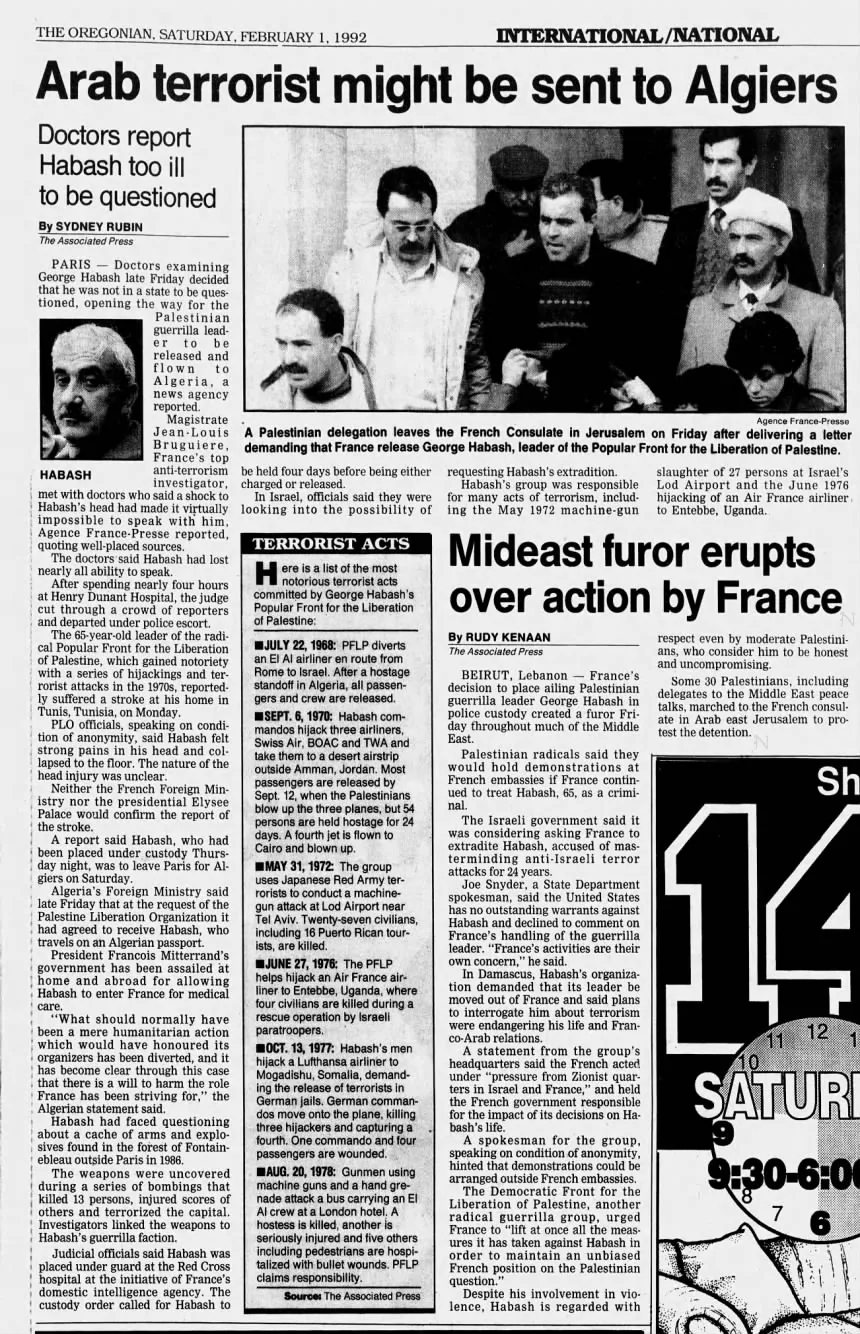 Arab terrorist might be sent to Algiers &mdash; The Oregonian, 1 February 1992