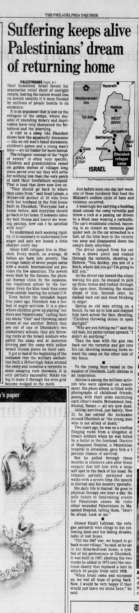 Suffering keeps alive Palestinians’ dream of returning home &mdash; The Philadelphia Inquirer, 27 November 1992