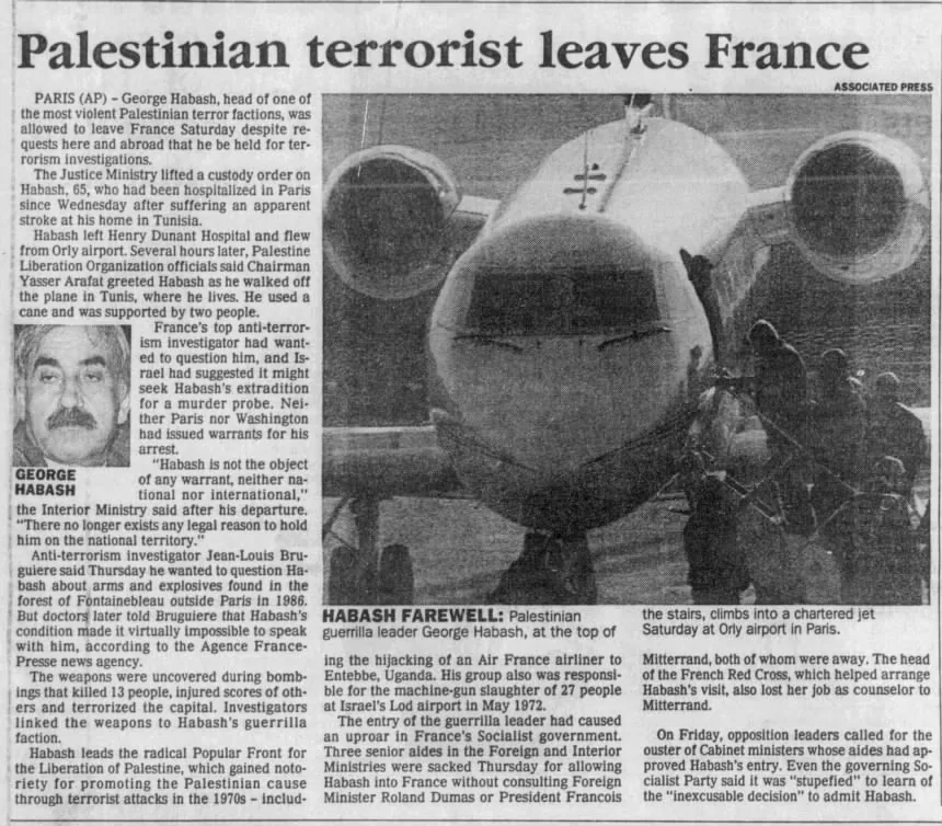 Palestinian terrorist leaves France — San Antonio Light, 2 February 1992