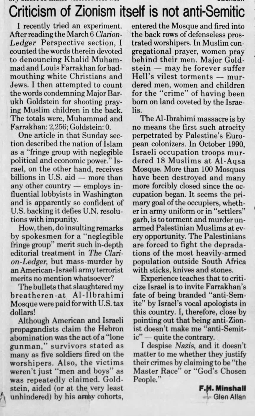 Criticism of Zionism itself is not anti-Semitic &mdash; Clarion Ledger, 14 May 1994