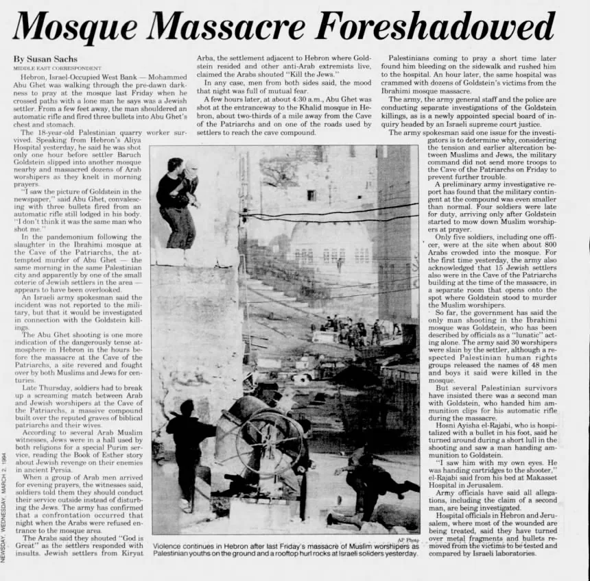 Mosque Massacre Foreshadowed &mdash; Newsday, 2 March 1994