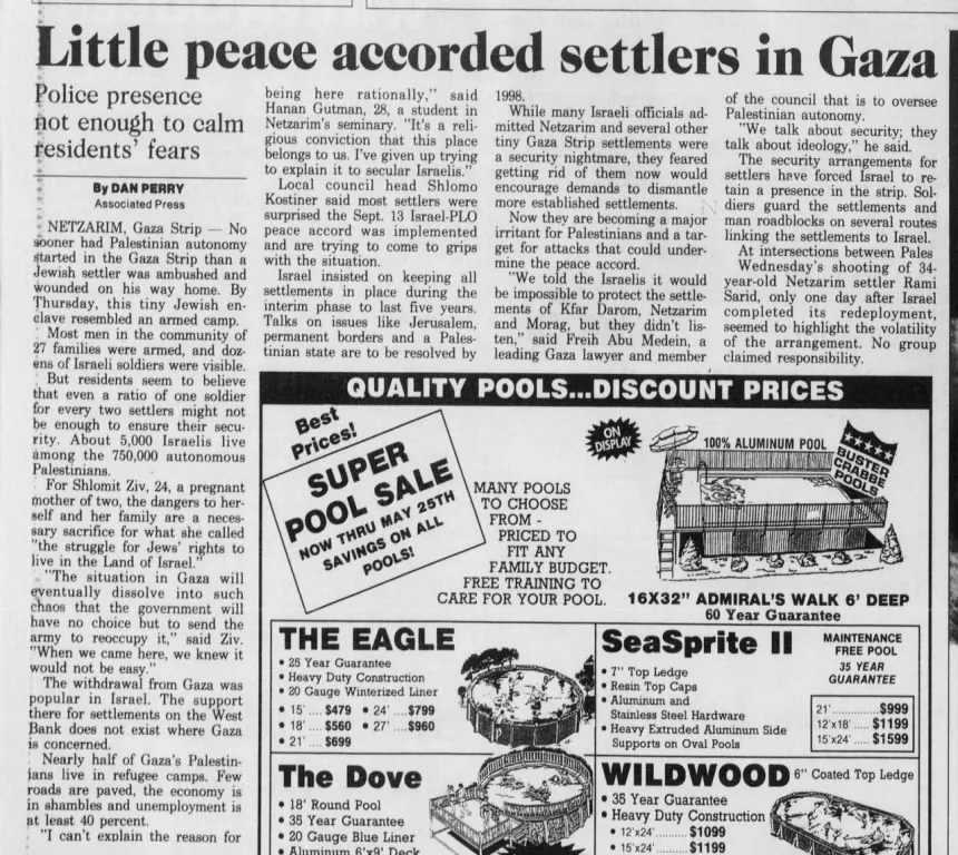 Little peace accorded settlers in Gaza — The News Journal, 20 May 1994