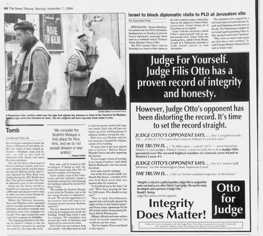 Israel to block diplomatic visits to PLO at Jerusalem site — The News Tribune, 7 November 1994