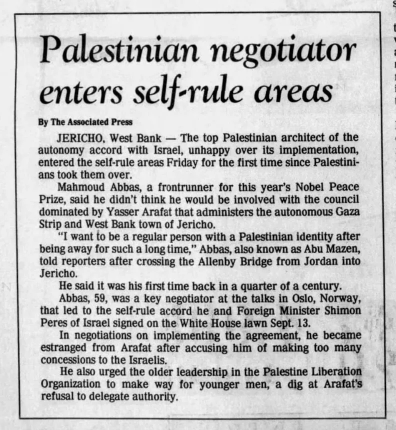 Palestinian negotiator enters self-rule areas — The Register-Guard, 10 September 1994