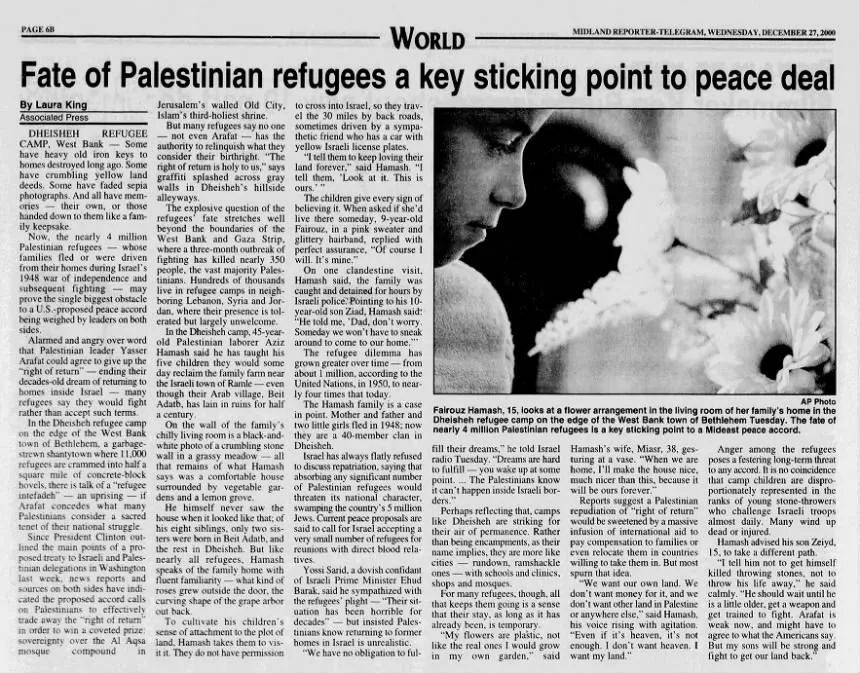 Fate of Palestinian refugees a key sticking point to peace deal &mdash; Midland Reporter Telegram, 27 December 2000