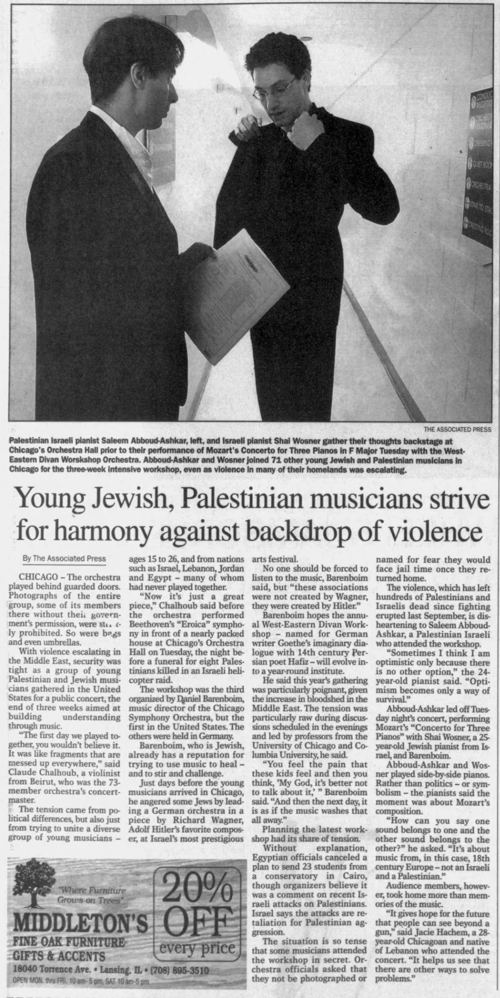 Young Jewish, Palestinian musicians strive for harmony against backdrop of violence &mdash; The Times, 3 August 2001