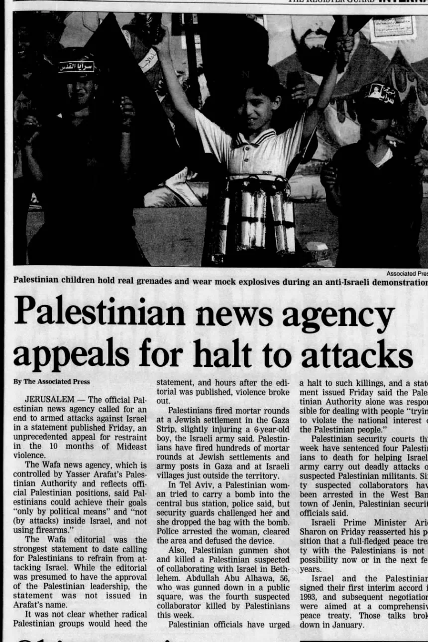 Palestinian children hold real grenades and wear mock explosives during an anti-Israeli demonstration &mdash; Register Guard, 4 August 2001
