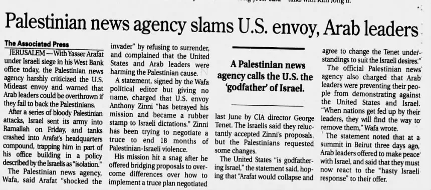 Palestinian news agency slams U.S. envoy, Arab leaders &mdash; The Beaufort Gazette, 31 March 2002