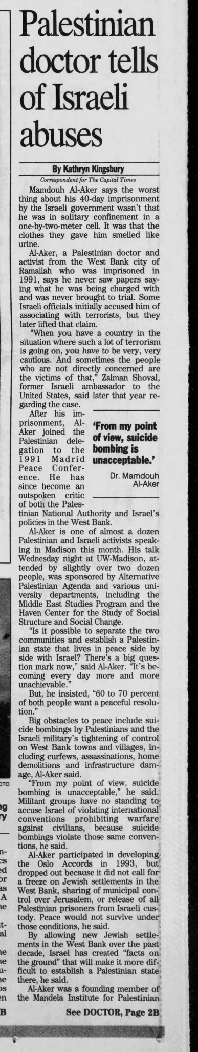 Palestinian doctor tells of Israeli abuses — The Capital Times, 21 November 2002