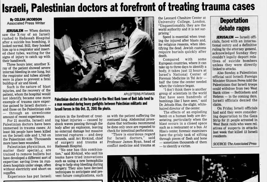 Israeli, Palestinian doctors at forefront of treating trauma cases &mdash; Florence Morning News, 22 July 2002