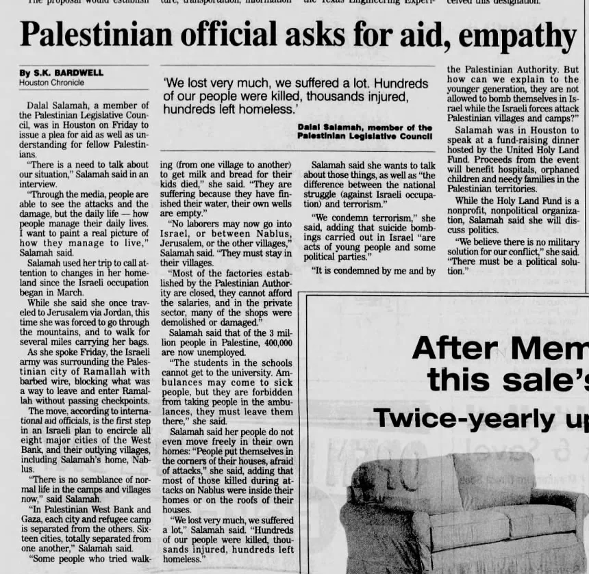 Palestinian official asks for aid, empathy &mdash; Houston Chronicle, 25 May 2002