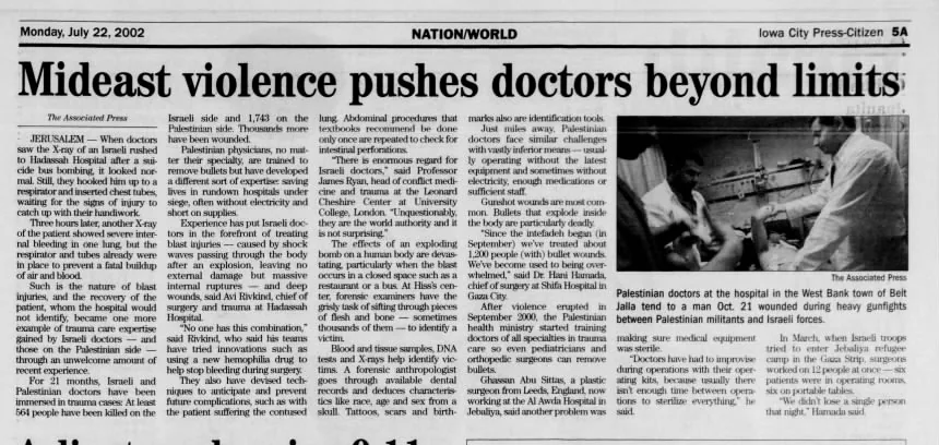 Mideast violence pushes doctors beyond limits &mdash; Iowa City Press Citizen, 22 July 2002