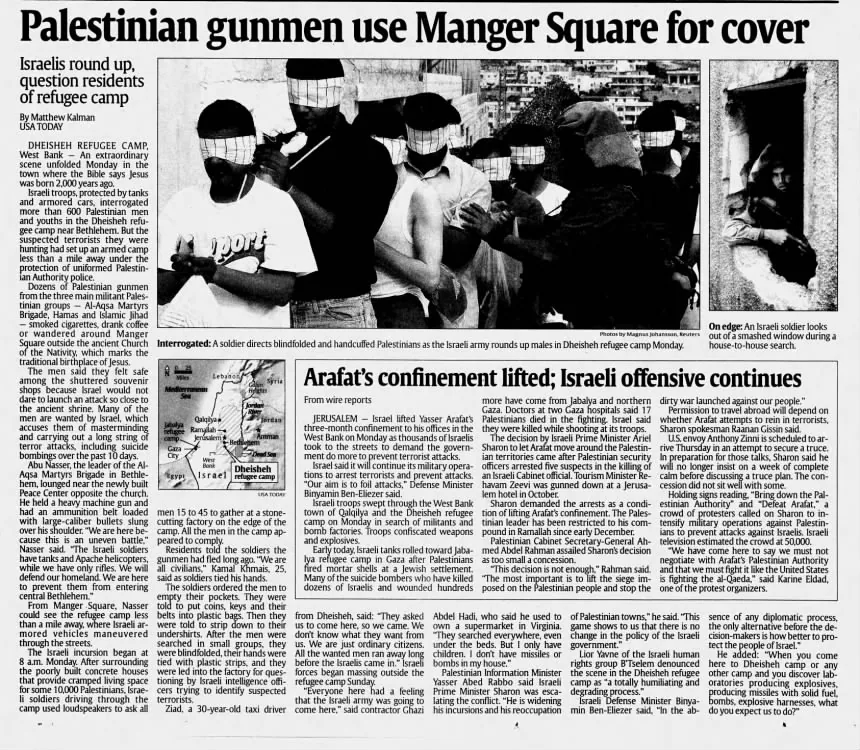 Palestinian gunmen use Manger Square for cover &mdash; USA Today, 12 March 2002
