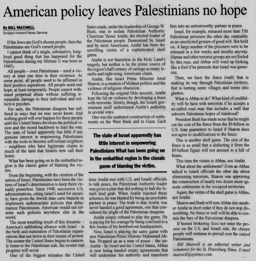 American policy leaves Palestinians no hope &mdash; The Patriot Ledger, 20 August 2003