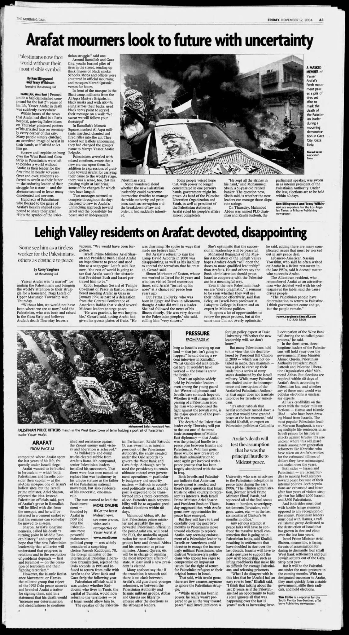 Arafat mourners look to future with uncertainty — The Morning Call, 12 November 2004