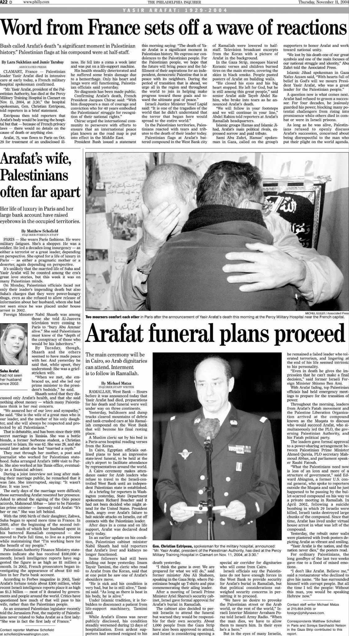 Word from France sets off a wave of reactions — The Philadelphia Inquirer, 11 November 2004