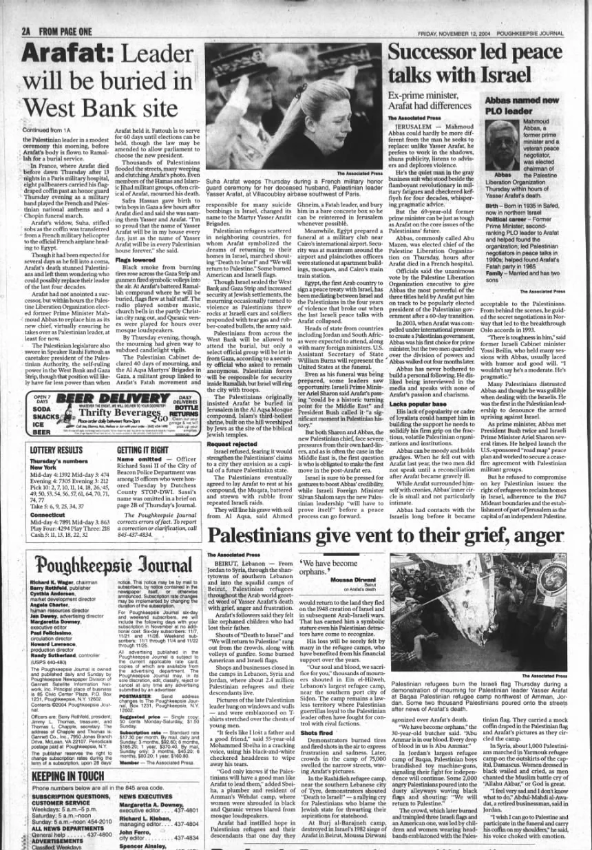 Arafat: Leader will be buried in West Bank site &mdash; Poughkeepsie Journal, 12 November 2004