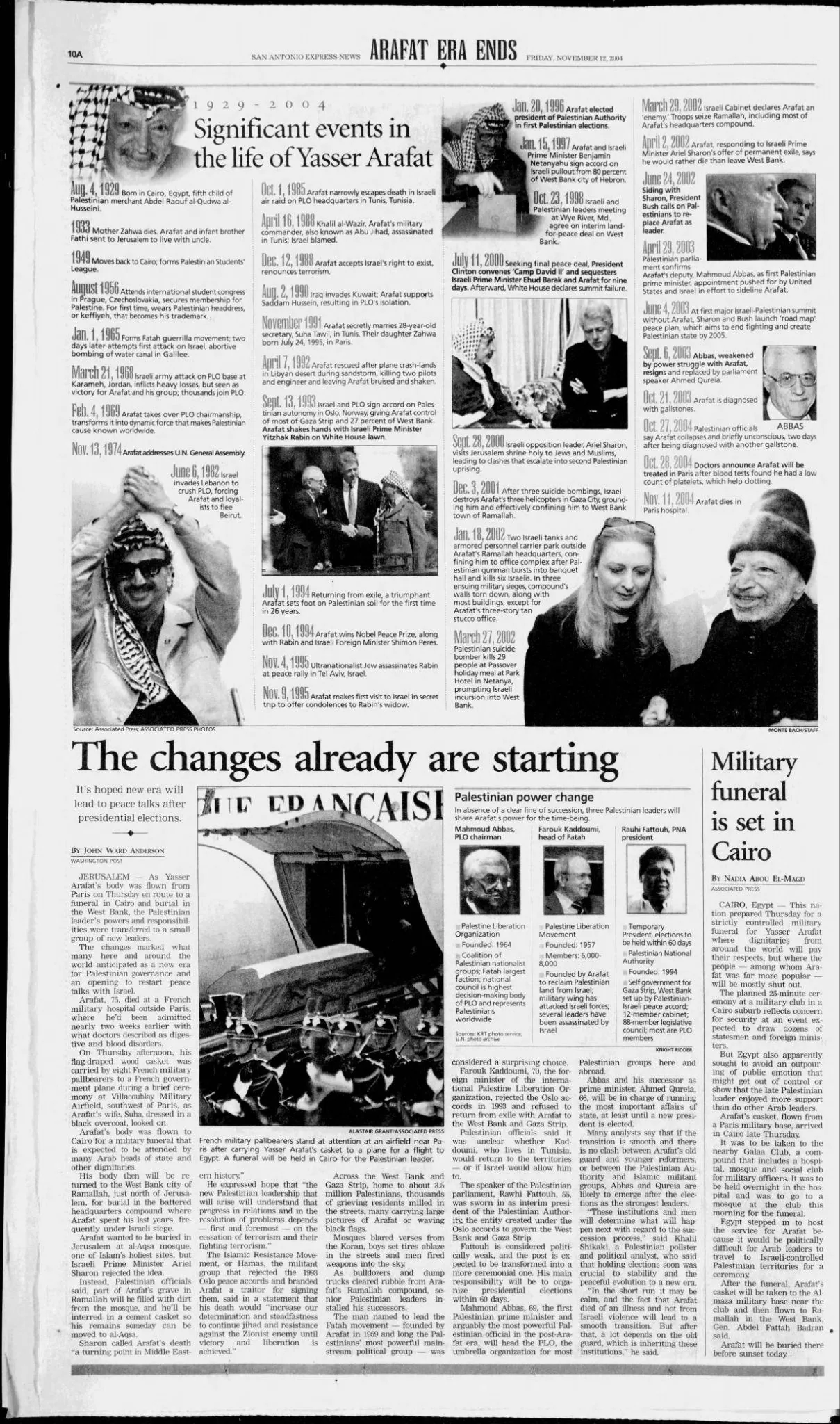 Significant events in the life of Yasser Arafat &mdash; San Antonio Express News, 12 November 2004