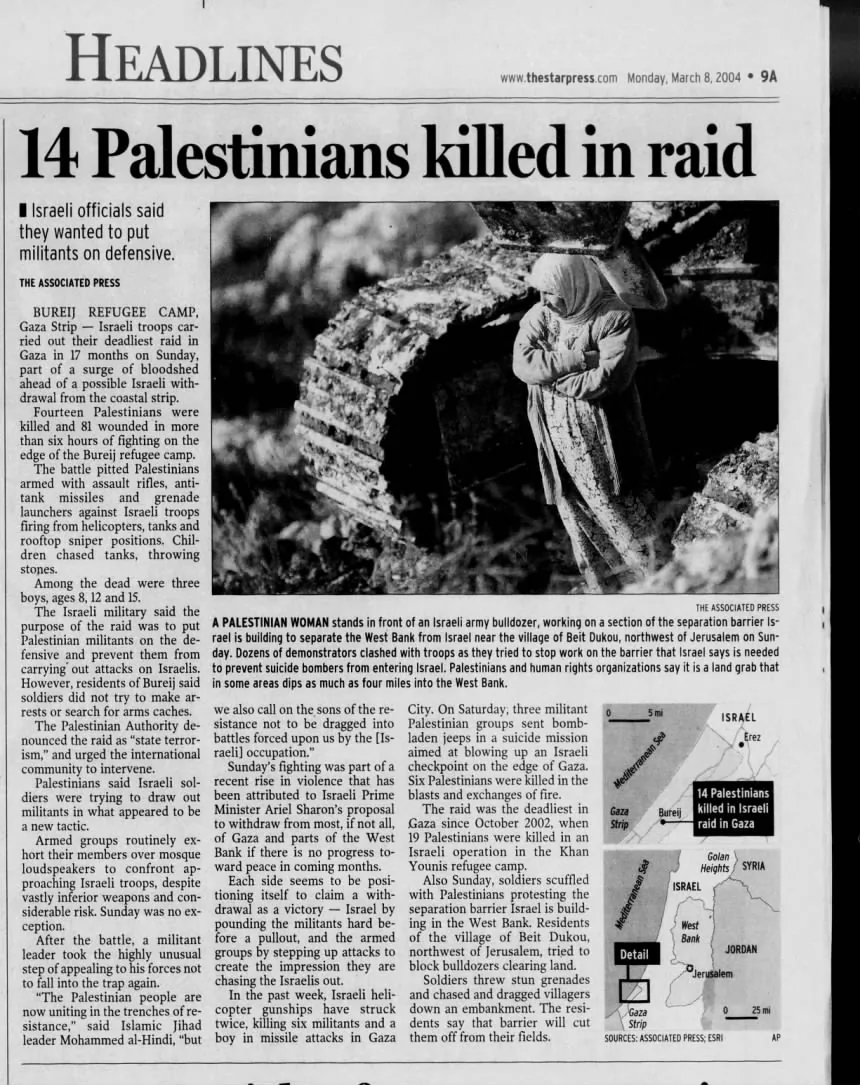 14 Palestinians killed in raid &mdash; The Star Press, 8 March 2004