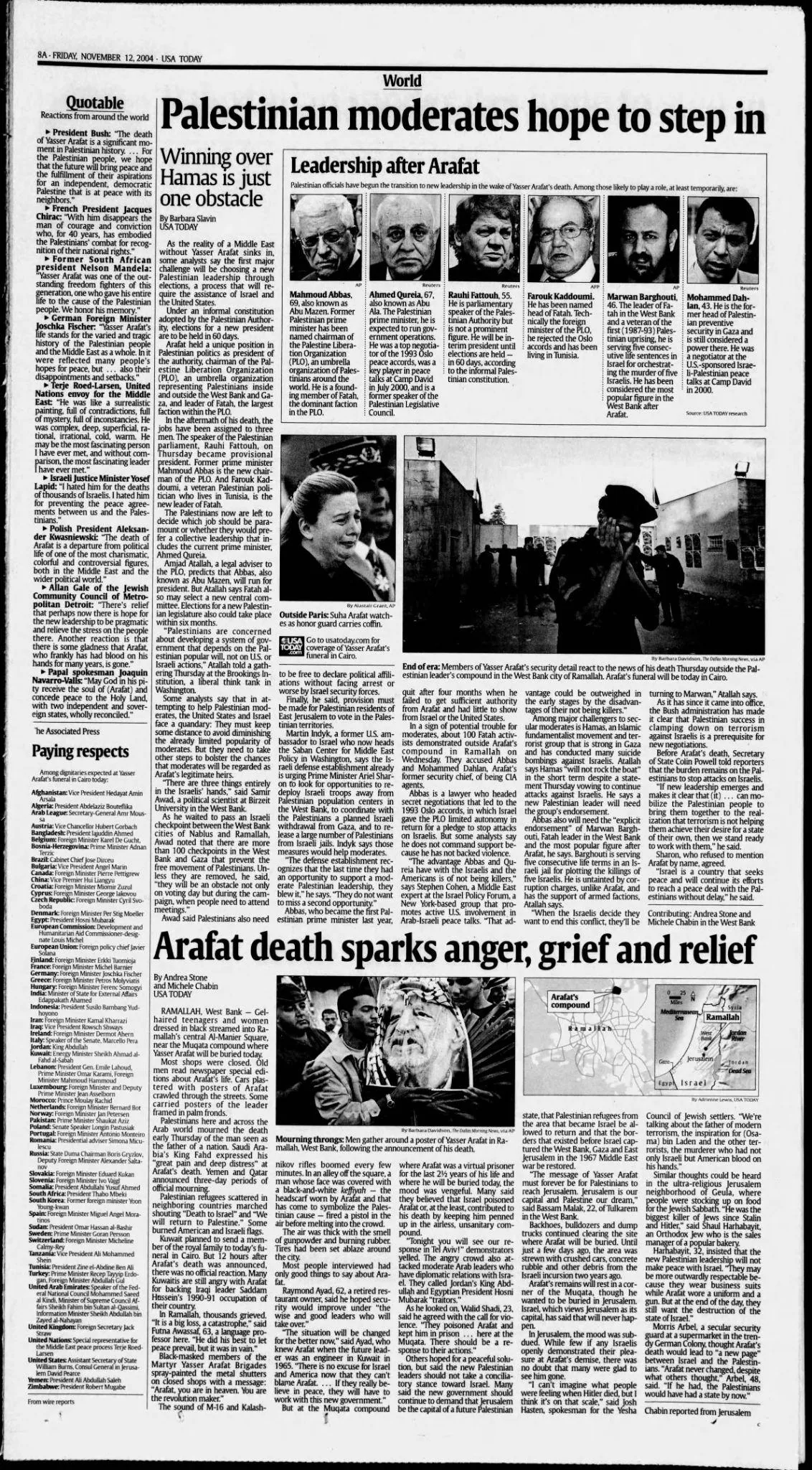 Palestinian moderates hope to step in &mdash; USA Today, 12 November 2004