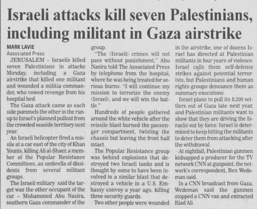 Israeli attacks kill seven Palestinians, including militant in Gaza airstrike &mdash; Victoria Advocate, 28 September 2004