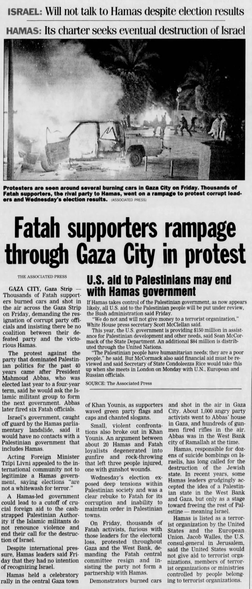 Fatah supporters rampage &mdash; Asbury Park Press, 28 January 2006