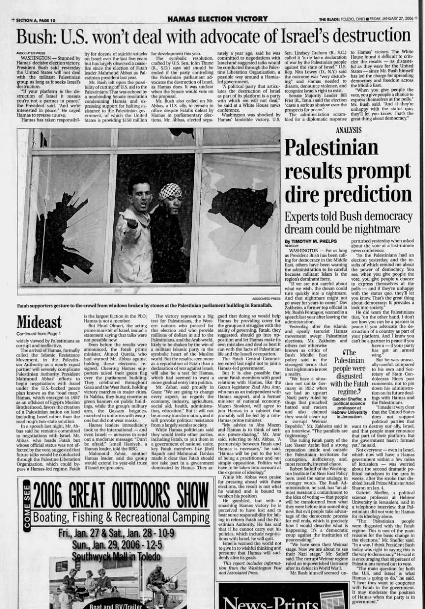 Bush: U.S. won’t deal with advocate of Israel’s destruction &mdash; The Blade, 27 January 2006