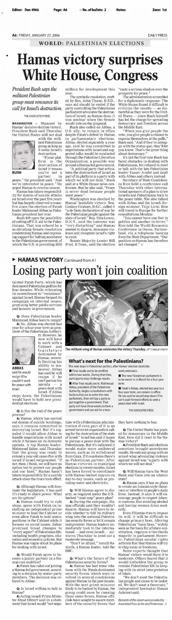 Hamas victory surprises White House, Congress &mdash; The Daily Press, 27 January 2006