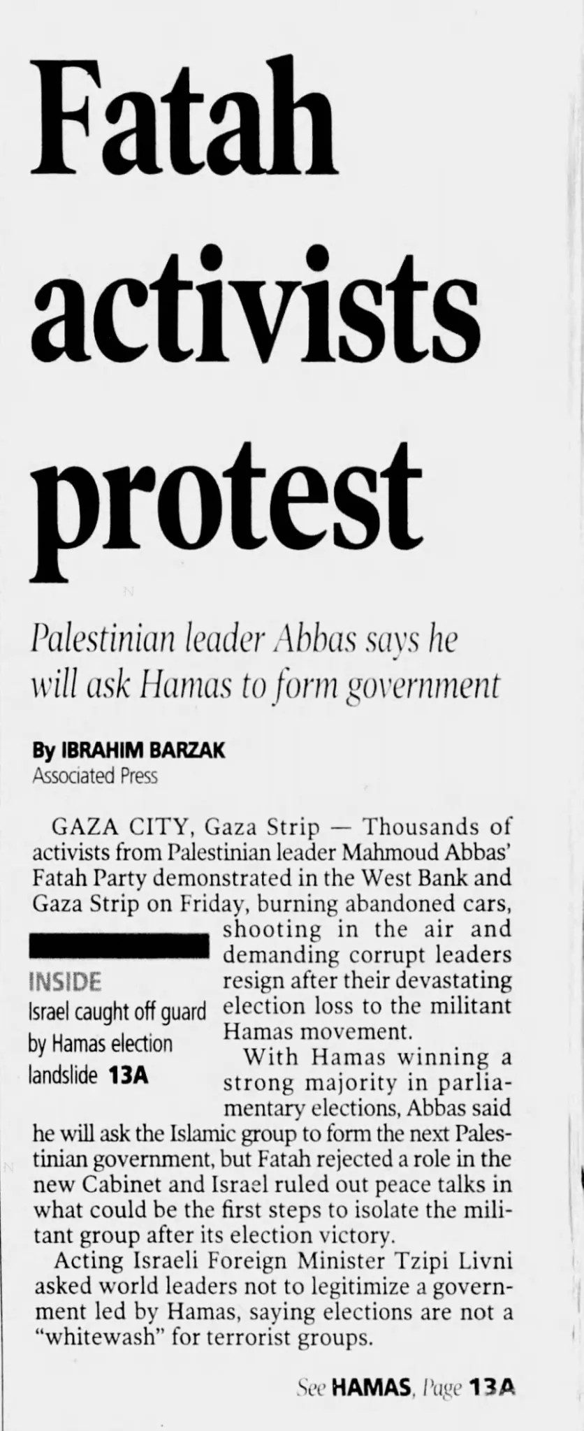 Fatah activists protest &mdash; Naples Daily News, 28 January 2006