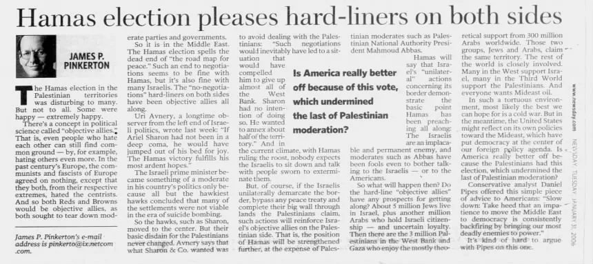 Hamas election pleases hard-liners on both sides &mdash; Newsday, 31 January 2006