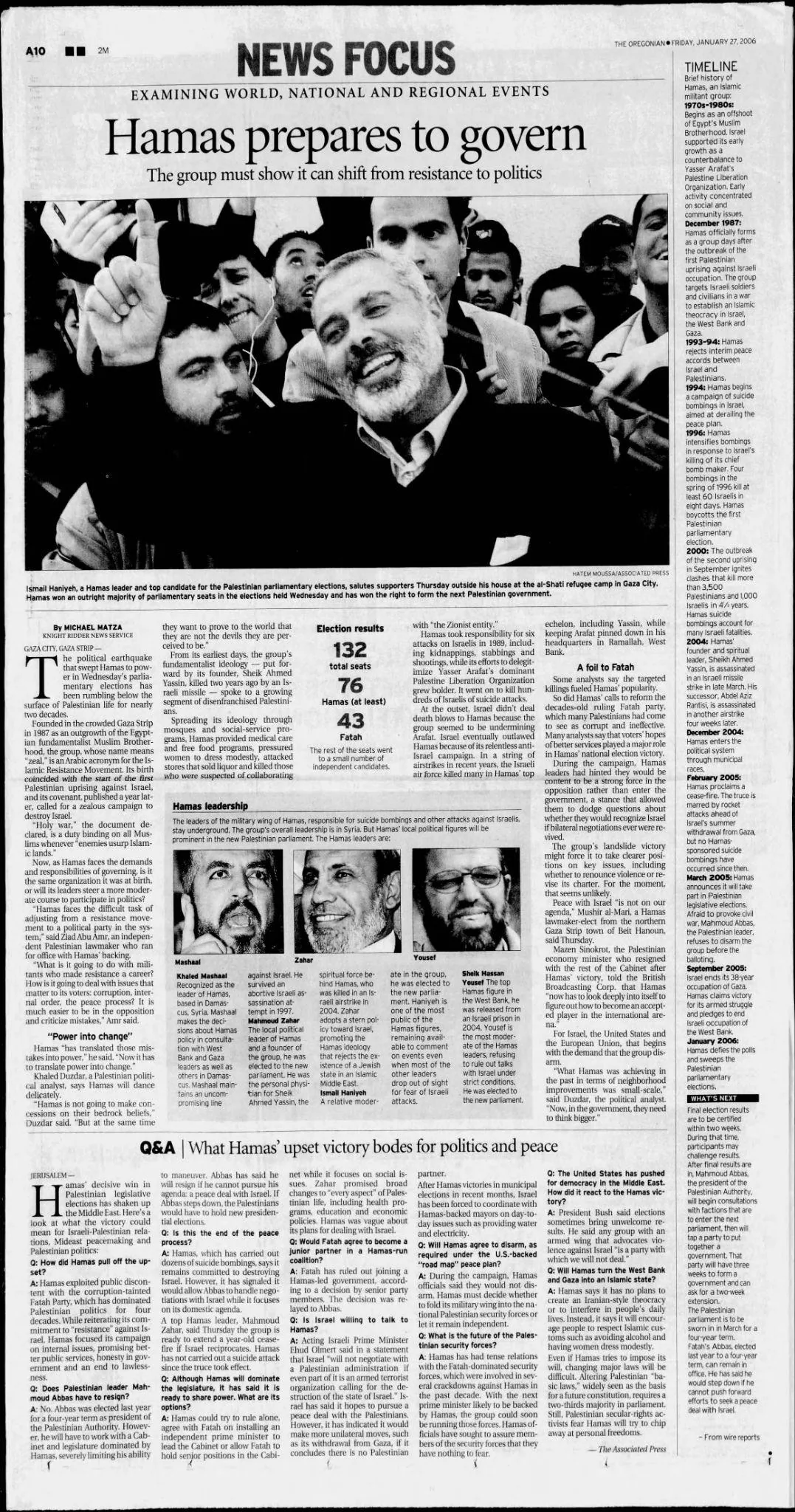 Hamas prepares to govern &mdash; The Oregonian, 27 January 2006