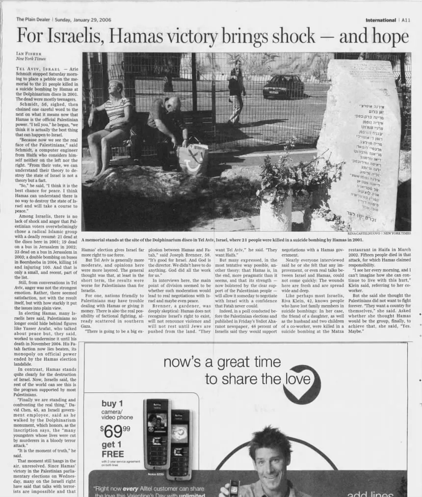 For Israelis, Hamas victory brings shock — and hope &mdash; The Plain Dealer, 29 January 2006