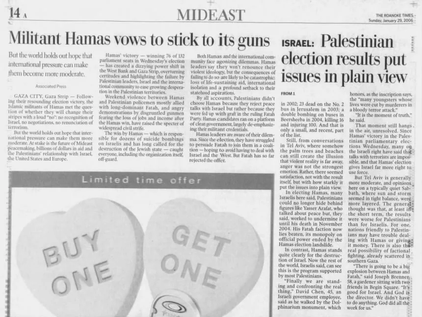 Militant Hamas vows to stick to its guns &mdash; Roanoke Times, 29 January 2006