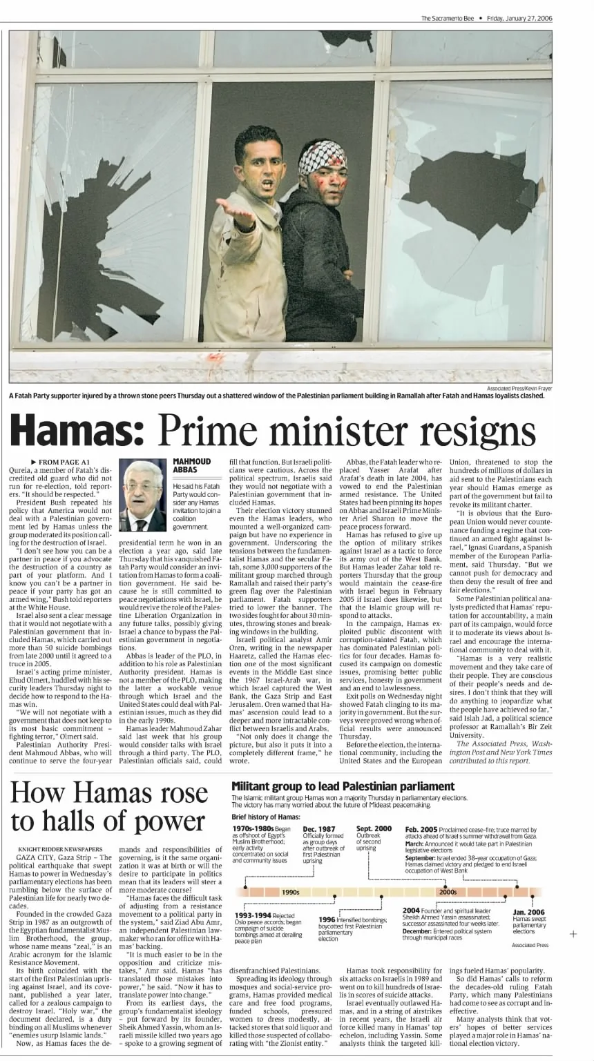 Hamas: Prime minister resigns &mdash; The Sacramento Bee, 27 January 2006