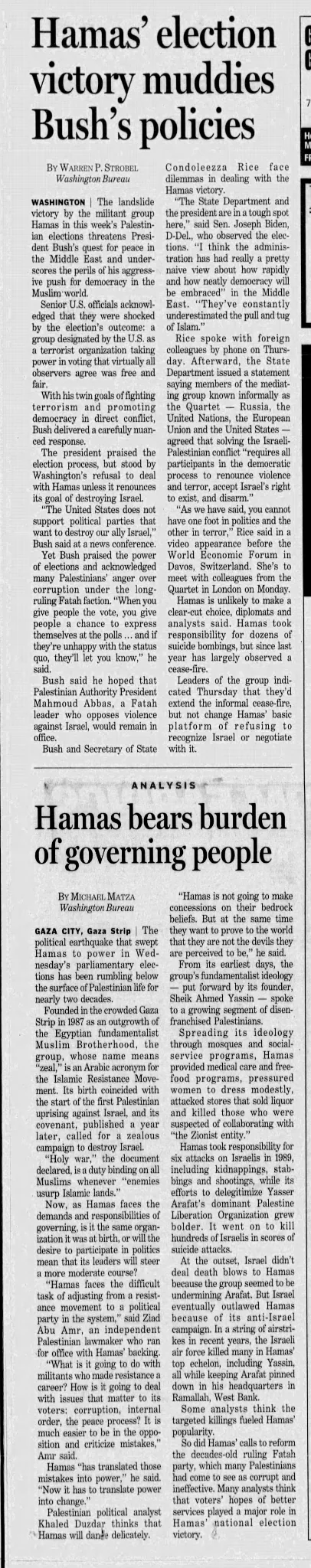 Hamas’ election victory muddies Bush’s policies &mdash; Sun News, 27 January 2006