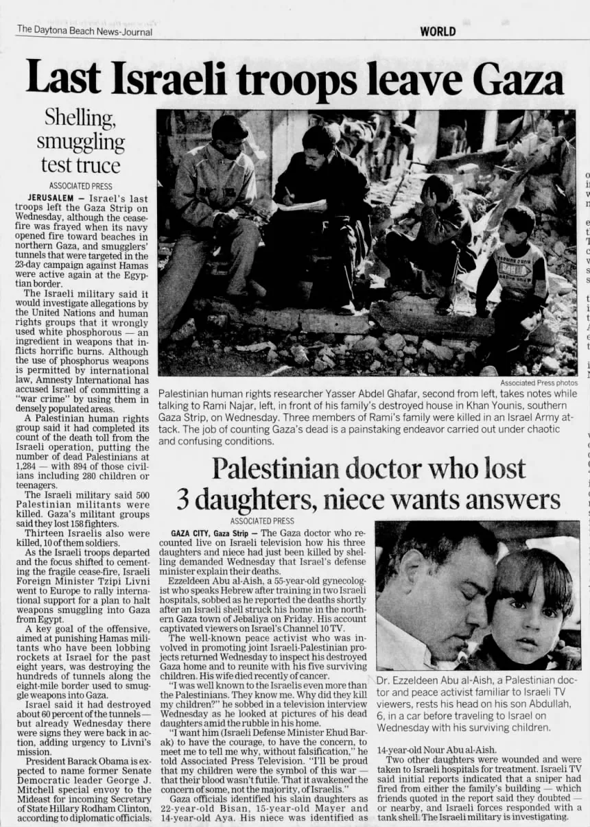 Last Israeli troops leave Gaza &mdash; Daytona Beach News-Journal, 22 January 2009