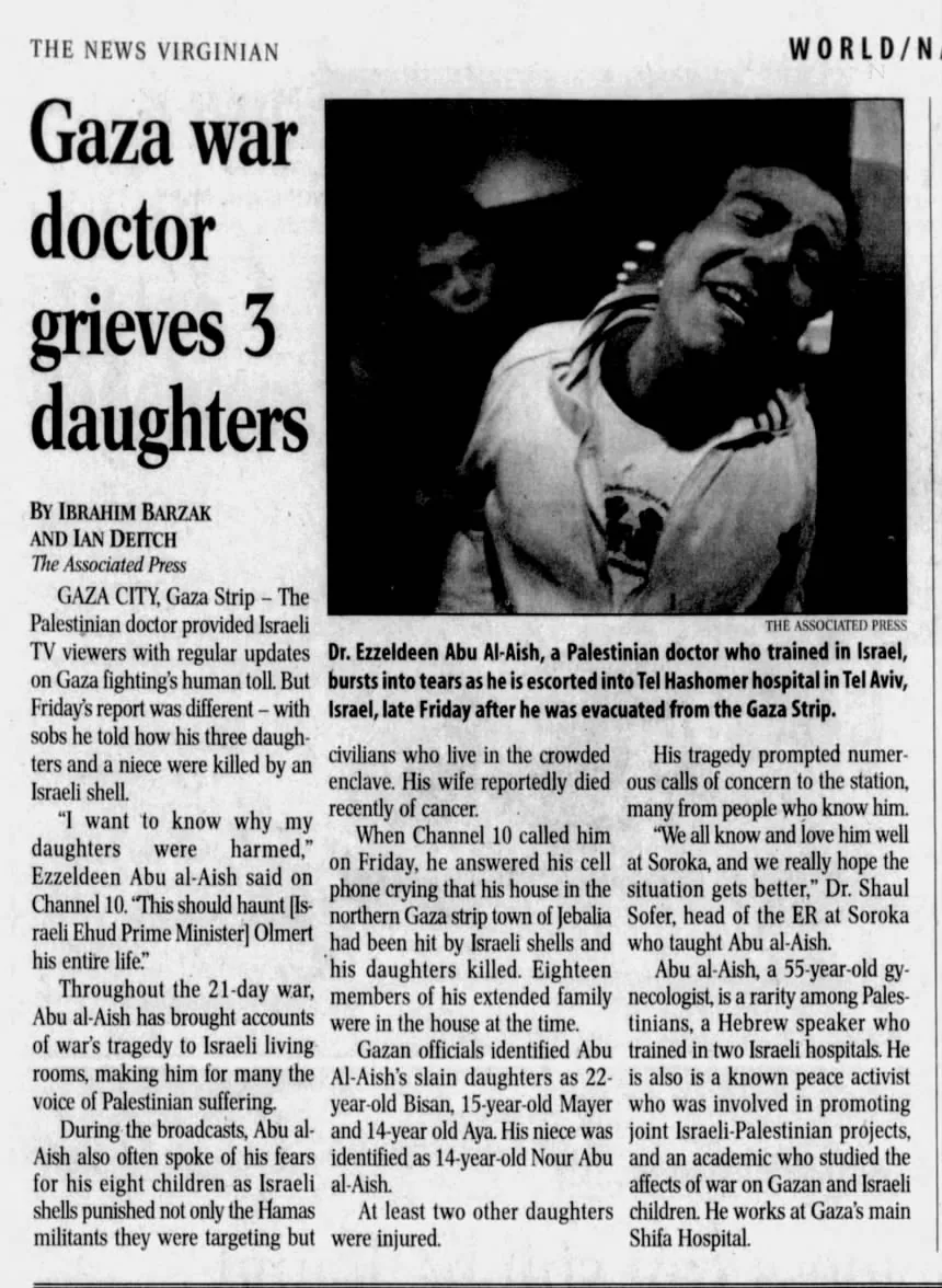 Gaza war doctor grieves 3 daughters &mdash; The News Virginian, 17 January 2009