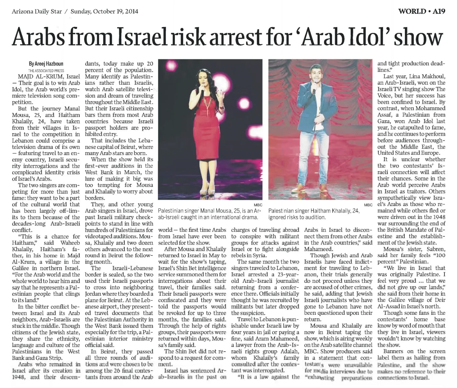 Arabs from Israel risk arrest for 'Arab Idol' show &mdash; Arizona Daily Star, 19 October 2014
