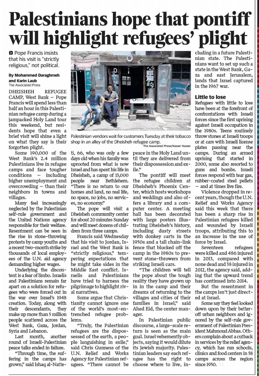 Palestinians hope that pontiff will highlight refugees’ plight &mdash; Fort Worth Star Telegram, 23 May 2014