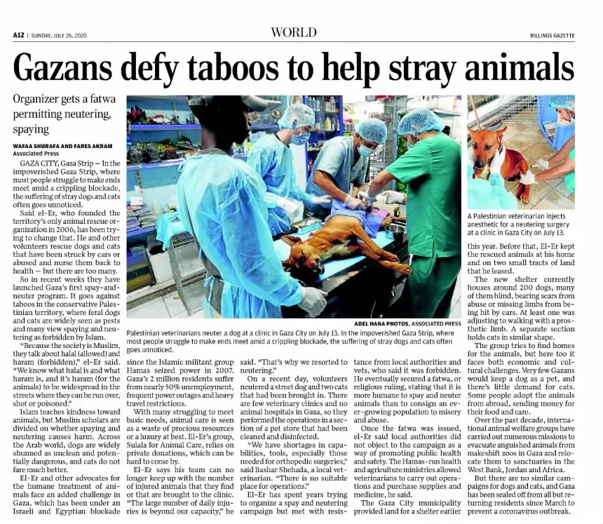 Gazans defy taboos to help stray animals &mdash; The Billings Gazette, 26 July 2020