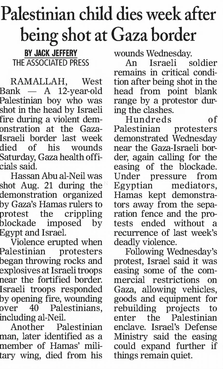 Palestinian child dies week after being shot at Gaza border &mdash; The Brownsville Herald, 29 August 2021