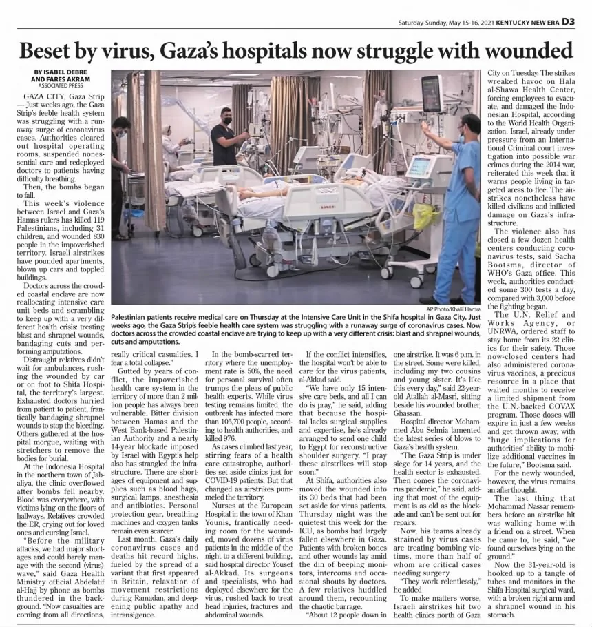 Beset by virus, Gaza’s hospitals now struggle with wounded &mdash; Kentucky New Era, 15 May 2021