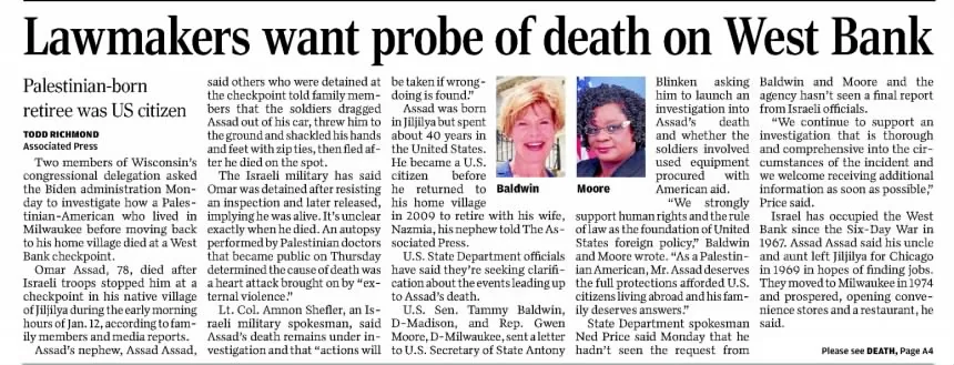 Lawmakers want probe of death on West Bank &mdash; Wisconsin State Journal, 1 February 2022