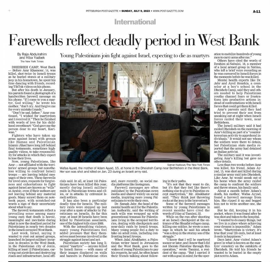 Farewells reflect deadly period in West Bank &mdash; Pittsburgh Post Gazette, 9 July 2023