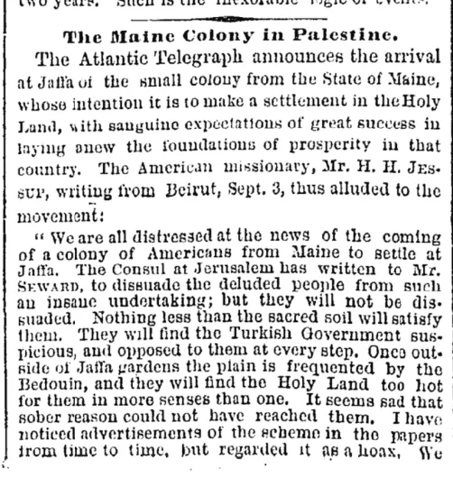 The Maine Colony in Palestine — The New York Times, 12 November 1866