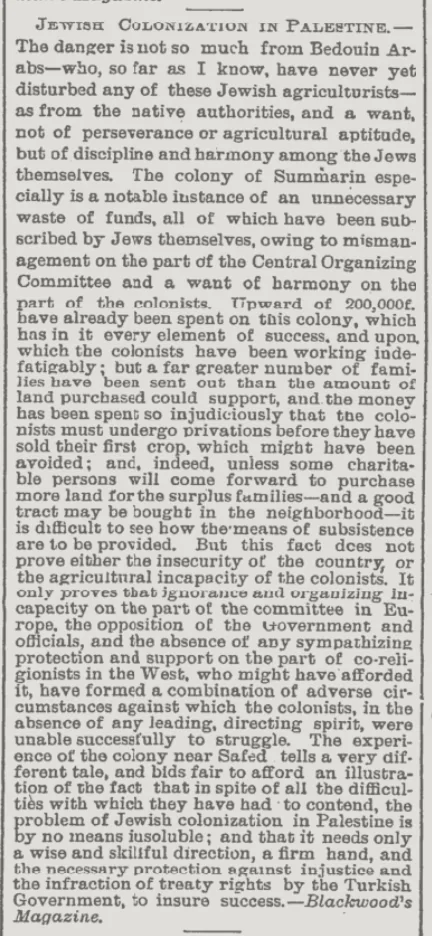Jewish Colonization in Palestine &mdash; The New York Times, 9 December 1883