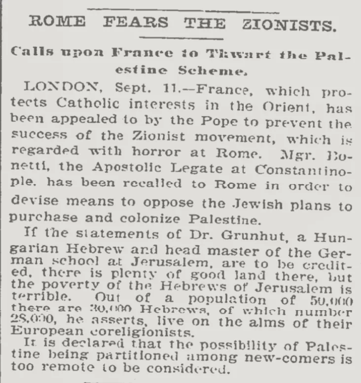 ROME FEARS THE ZIONISTS &mdash; The New York Times, 12 September 1897